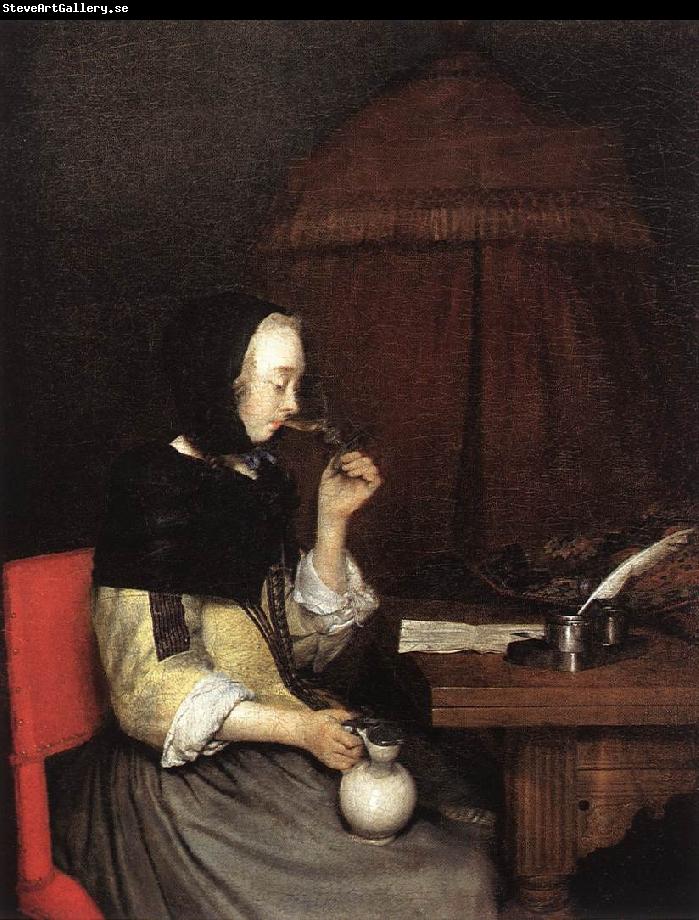 TERBORCH, Gerard Woman Drinking Winen 5r